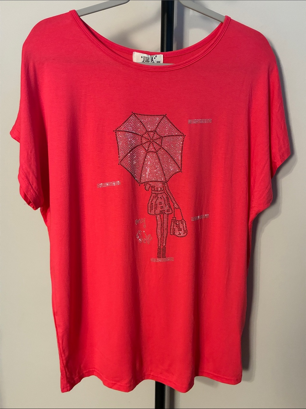 New! Julia Bright Pink Embellished Umbrella Graphic Tee Relaxed Small / Medium